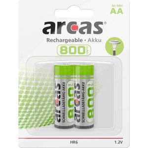 Arcas 17708206 - Oplaadbare Ni-MH batterijen AA / HR6, 2 stuks, capaciteit 800 mAh, oplaadbaar, power (2 Pcs., AA, 800 mAh, Batterij), Acculader