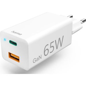 Hama Snellader, GaN, 1x USB-C PD, 1x USB-A QC, Minilader, 65 W, Wit (65 W, Stroomvoorziening, Snel opladen 3.0, Snel opladen 2.0), USB-lader, Wit