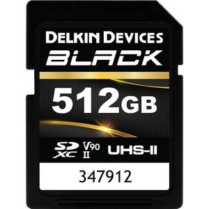 Delkin ZWART UHS-II SDXC 512 GB R:300MB/s W:250MB/s (512 GB, SDXC, U3, UHS-II), Geheugenkaart, Zwart