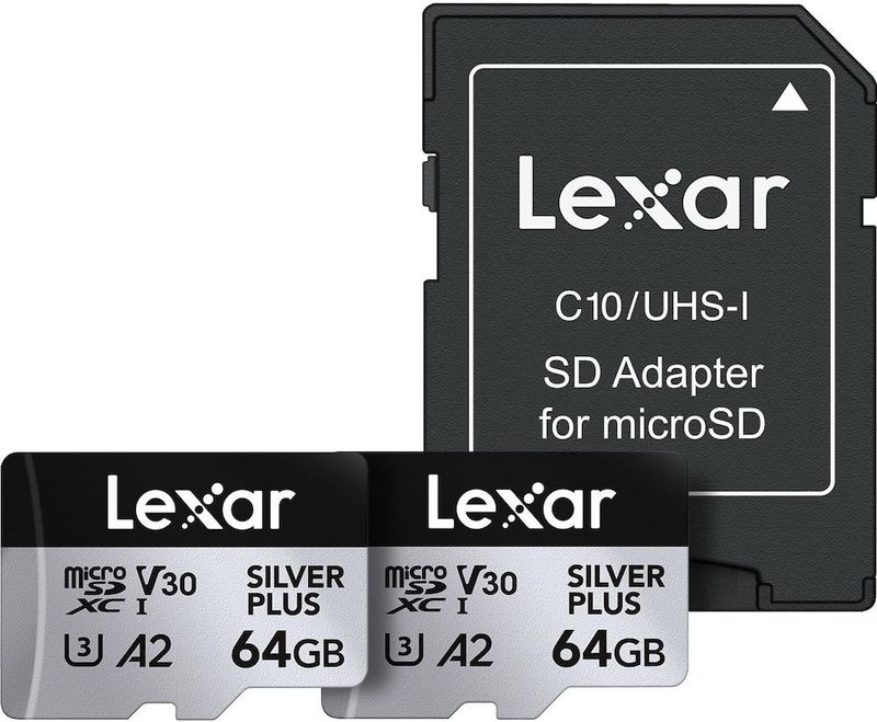 Lexar Professioneel Zilver Plus 2-Pak (64 GB, microSDXC, U3, UHS-I), Geheugenkaart, Zilver, Zwart