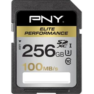 PNY SDXC-kaart 256 GB, klasse 10, Elite Perf (256 GB, SDXC, U3, UHS-I), Geheugenkaart, Zwart