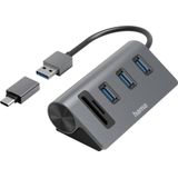 Hama USB-hub/kaartlezer, 5 poorten, 3x USB-A, SD, microSD, incl. USB-C adapter (USB A, USB C), Docking station + USB-hub, Grijs, Zwart