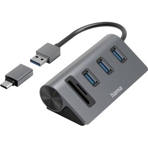 Hama USB-hub/kaartlezer, 5 poorten, 3x USB-A, SD, microSD, incl. USB-C adapter (USB A, USB C), Docking station + USB-hub, Grijs