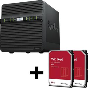 Synology DiskStation DS423 4-bay NAS-server lege behuizing + 2x WD Red SATA 3,5" HDD 4TB harde schijf (2 x 4 TB, WD Rood), Netwerkopslag, Zwart