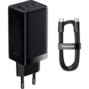 Baseus GaN3 Pro Snellader 2C+U 65W EU Zwart(Inclusief：Baseus Xiaobai serie snellaadkabel ... (65 W, Snel opladen), USB-lader, Zwart