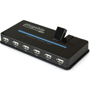 Plugable 10-poorts USB 2.0 hub met 20W PD (USB-B, 10 ports), Docking station + USB-hub, Zwart