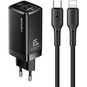 Usams Ladegerät Set Typ-C zu Lightning (65 W, Snel opladen), USB-lader, Zwart