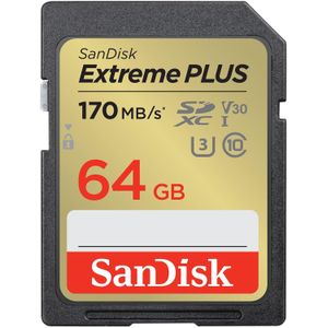 SANDISK Extreme PLUS SDXC /s UHS-I (64 GB, SDXC, U3, UHS-I), Geheugenkaart, Zwart, Goud