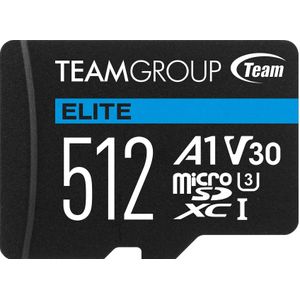 Team Electronic Team ELITE - Flashgeheugenkaart (SD-adapter inbegrepen) - 512GB - A1 / Videoklasse V30 / UHS-I U3 (microSD, 512 GB), Geheugenkaart