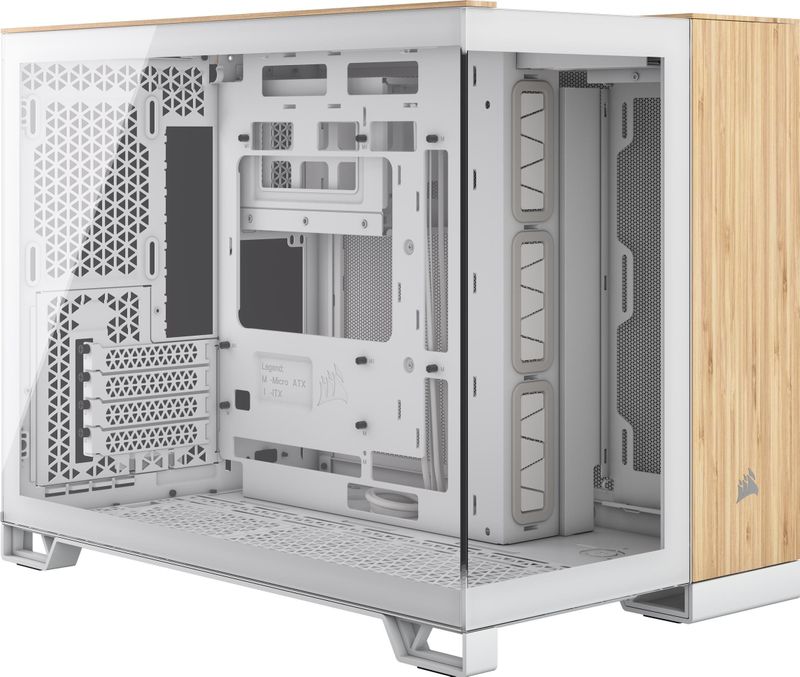 CORSAIR - 2500X - PC-behuizing - Wit/Bamboehout - Panoramisch Gehard Glas, Dual Chamber, Compatibel met Omgekeerde Aansluiting Moederbord