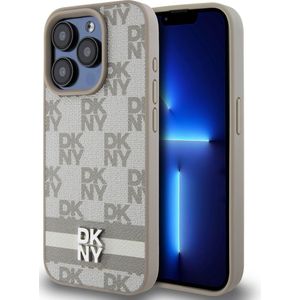 DKNY PU Leren Ruitpatroon en Streep Hoesje voor iPhone 15 Pro Beige (iPhone 15 Pro), Smartphonehoes, Beige