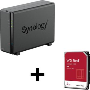 Synology DiskStation DS124 1-bay NAS server lege behuizing + 1x WD Red SATA 3.5" HDD 4TB harde schijf (1 x 4 TB, WD Rood), Netwerkopslag, Zwart