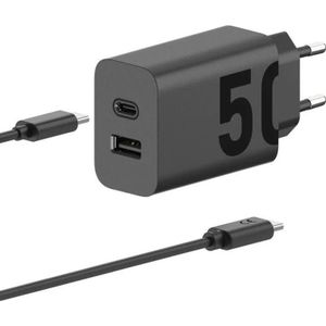Motorola TurboPower Reislader 50 W Duo USB-C + USB-A met USB-C kabel (50 W, Snel opladen 3.0), USB-lader, Zwart