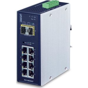 Planet IP30 Industriële 8x 1000TP + 2x 100/1000F SFP Full Managed Ethernet Switch (-40 tot 75 graden C) (8 Havens), Netwerkschakelaar, Zwart