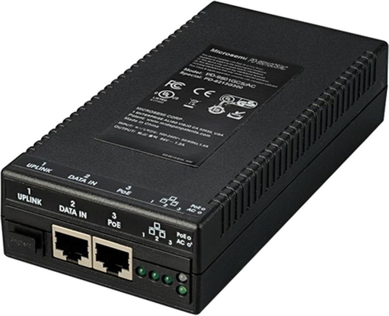 Microchip - PD-9501GCS - Mediaconverter - Zwart - PoE-functionaliteit, 60W, 3 poorten, IEEE 802.3af/bt