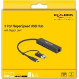 Delock - 64149 - USB Hub - Zwart - 3-poorts USB 3.2 Gen 1 + Gigabit LAN