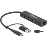 Delock - 64149 - USB Hub - Zwart - 3-poorts USB 3.2 Gen 1 + Gigabit LAN