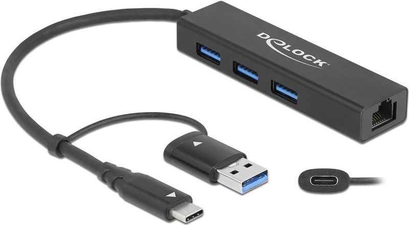 Delock - 64149 - USB Hub - Zwart - 3-poorts USB 3.2 Gen 1 + Gigabit LAN