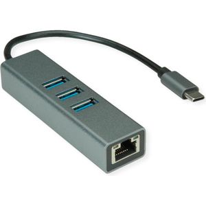 Roline USB Typ C - Gigabit Ethernet Konverter + Hub 3x (USB-C, RJ45/LAN (1x)), Netwerkadapter, Grijs