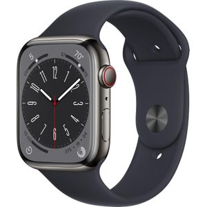 Apple Watch Series 8 (45 mm, Roestvrij staal, 4G, Eén maat voor iedereen), Sporthorloges + Smartwatches