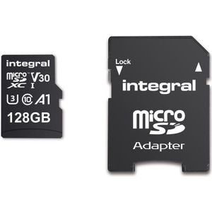 Integral INMSDX128G-100V30 128GB MICRO SD CARD MICROSDXC UHS-1 U3 CL10 V30 A1 UP TO 100MBS READ 45MBS WRIT... (microSD, 128 GB, U3, UHS-I), Geheugenkaart