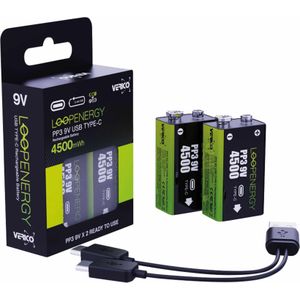 Verico Loop Energy 2-Pack 9V Blokbatterij Li-Ion 500 mAh (2 Pcs., 9V, 500 mAh), Batterijen