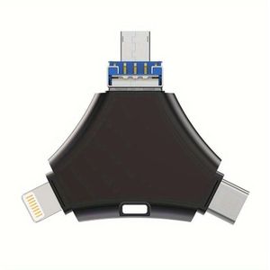 PowerGuard Triangle 4-in-1 USB-C & Lightning MicroUSB 64 GB FlashDrive USB 3.0 OTG Adapter (Micro USB, USB-A, Bliksem, USB Type C, Micro USB, Bliksem, USB Type C), Adapter voor mobiel apparaat