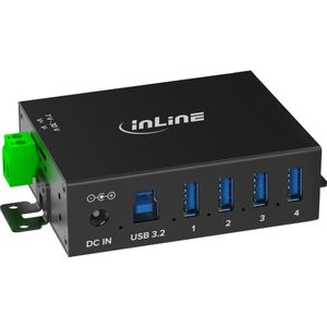 InLine  USB 3.2 Gen.1 Industrie-Hub, 4 Port, Aluminiumgehäuse, mit Netzteil (USB-B, 4 ports), Docking station + USB-hub, Zwart