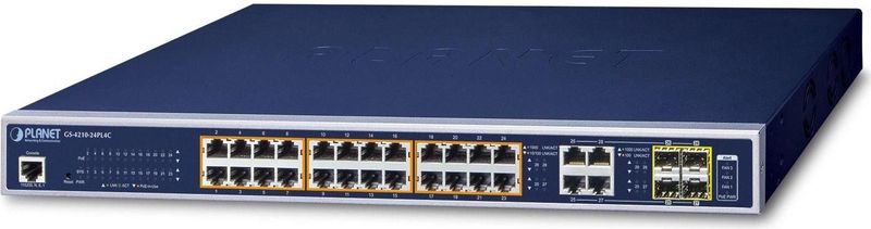 Planet - 24-poorts 10/100/1000Mbps PoE + 4-poorts Gigabit Switch - Zwart