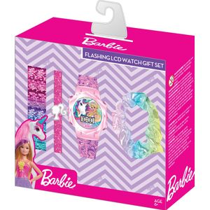 Accutime, Horloge, Polshorlogeset Barbie met Accessoires, LCD Kinderhorloge met Digitaal Display, Knipperende LED's, Blauw, Roze, (Cadeauverpakking, Digitaal horloge)