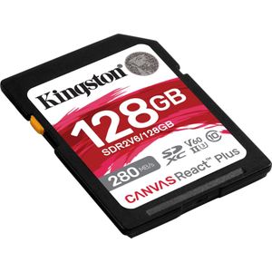 Kingston 128 GB Canvas React Plus SDXC UHS-II 280R/100W U3 V60 voor Full HD/4K (SDXC, 128 GB, U3, UHS-II), Geheugenkaart, Zwart