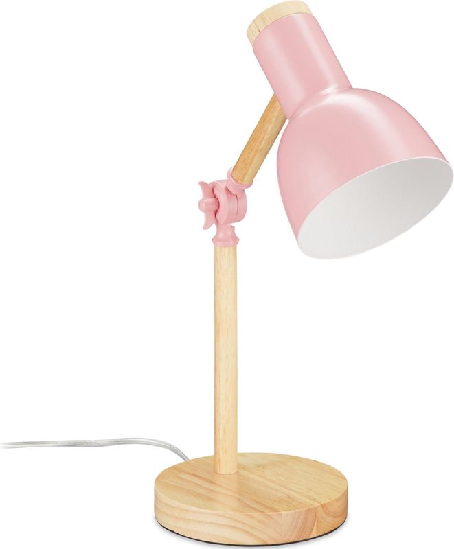 Relaxdays bureaulamp retro - kinderlamp bureau - leeslamp - tafellamp - E14 fitting - hout - roze