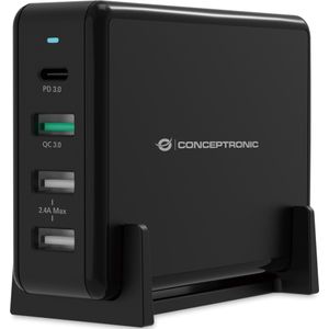 Conceptronic OZUL 4-poorts 65W USB-PD Desktop Charger (65 W, Stroomvoorziening), USB-lader, Zwart