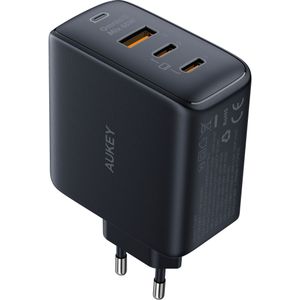 Aukey 3-Port 65W PD Muurlader met GaN Power Tech (65 W, Snel opladen, Stroomvoorziening 3.0), USB-lader, Zwart