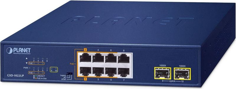 Planet - GSD-1022UP - Netwerkschakelaar - Blauw - 10p Gigabit - 120W - 8 Poorten