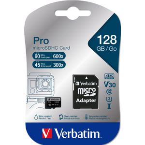 Verbatim microSDXC Pro 128GB klasse 10 UHS-I incl. adapter (microSDXC, 128 GB, U3, UHS-I), Geheugenkaart, Zwart