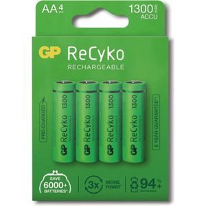 GP Batteries 1x4 ReCyko NiMH-batterij AA 1300mAH, gebruiksklaar, NIEUW (4 Pcs., AA, 1300 mAh), Batterijen