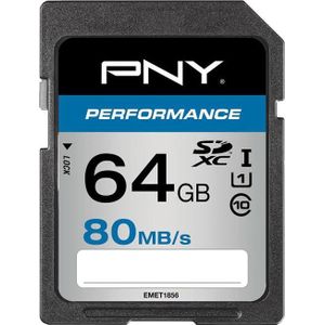 PNY SDXC-kaart 64 GB prestaties UHS-I U1 (SDXC, 64 GB, U1, UHS-I), Geheugenkaart, Zwart