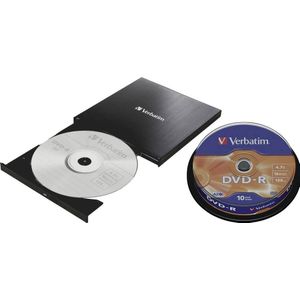 Verbatim Externe slimline CD/DVD-brander + Verbatim DVD-R 4,7GB 16x Zilver Mat 10er Spindel (DVD-brander), Optische drive, Zwart