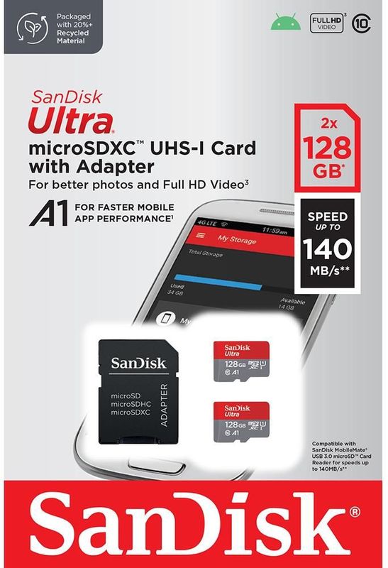 SanDisk Ultra microSDXC 128GB - 2 pak - 140 MB/s - UHS-I