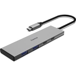 Hama USB-C-Hub, 4 Ports, 2x USB-A, 2x USB-C, USB 3.2 Gen2, 10 Gbit/s, PD, Alu (USB-C, 4 ports), Docking station + USB-hub, Grijs