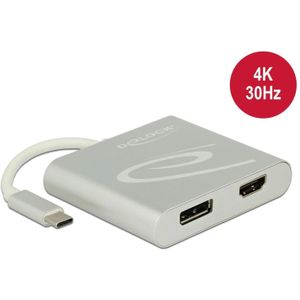 Delock Monitor Splitter USB Type-C naar HDMI & DP (DP, HDMI, 7.30 cm), Data + Video Adapter, Zilver