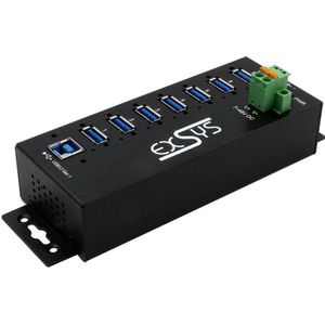 Exsys USB 3.2 Gen1 HUB 7-poorts incl.USB-Kabel+Din-Rail-Kit, 15kV ESD (USB-B, 7 ports), Docking station + USB-hub, Zwart