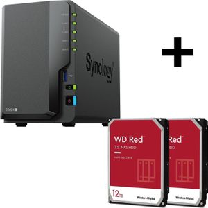 Synology DiskStation DS224+ 2-bay NAS-server lege behuizing + 24TB WD RED Plus (2 x 12 TB, WD Red Plus), Netwerkopslag, Zwart