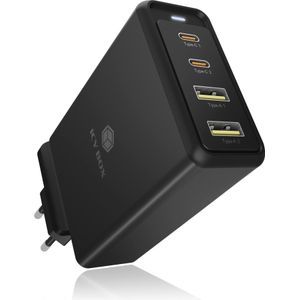 Icy Box USB Power Delivery voedingseenheid, 100 Watt, 2x Type-C, 2x Type-A, EU, UK, US stekker (100 W, Snel opladen 3.0), USB-lader, Zwart