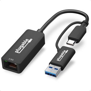Plugable 2.5G USB C naar Ethernet Adapter (USB-C, RJ45/LAN (1x)), Netwerkadapter, Zwart