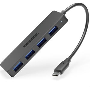 Plugable USB-C 4-poorts hub gegevens (USB-C, 4 ports), Docking station + USB-hub, Zwart