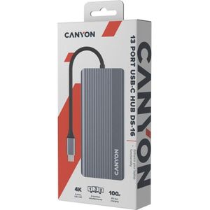 Canyon USB-13-in1 HUB USB-C > 2xHDMI/1xDP/4xUSB/RJ45/SD/Aud. detailhandel (USB-C, 13 ports), Docking station + USB-hub, Grijs