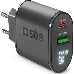 SBS PD Reislader 20W USB-C/USB w. Disp (20 W, Stroomvoorziening, Adaptief snel opladen), USB-lader, Zwart
