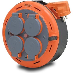 IP44 Compacte cassette rolverlengkabel, 5m kabel met 4 contactdozen + thermische/kinderzekering, 3x1mm2, aarding SCHUKO, PHP-05310-F